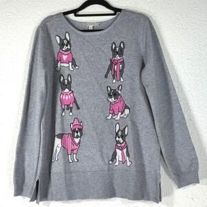 Astrologie Grey Frenchie Intarsia Sweater - Small - Dog Print Side Slit Knit
